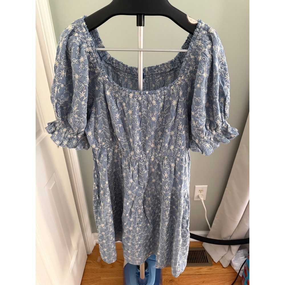 Old Navy Embroidered Chambray‎ Mini Dress XL Tall Puff Sleeve Cottagecore Boho